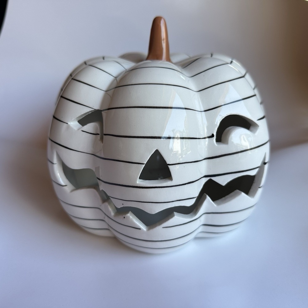 MIKASA Halloween Lighted Ceramic Pumpkin Jack O Lantern White Black Stripes NEW